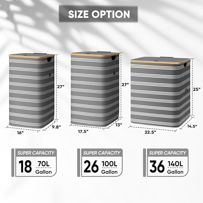 BALEINE Laundry Hamper with Lid, Tall Laundry Baskets with Bamboo Pull Handles - Image 2
