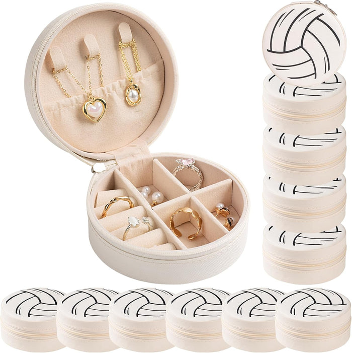 12-Pack Volleyball Jewelry Box Bulk Team Gifts for Girls, Round Mini Travel Jewelry Case Organizer for Volleyball Players Coaches, Senior Night End of Season Banquet Gifts, White