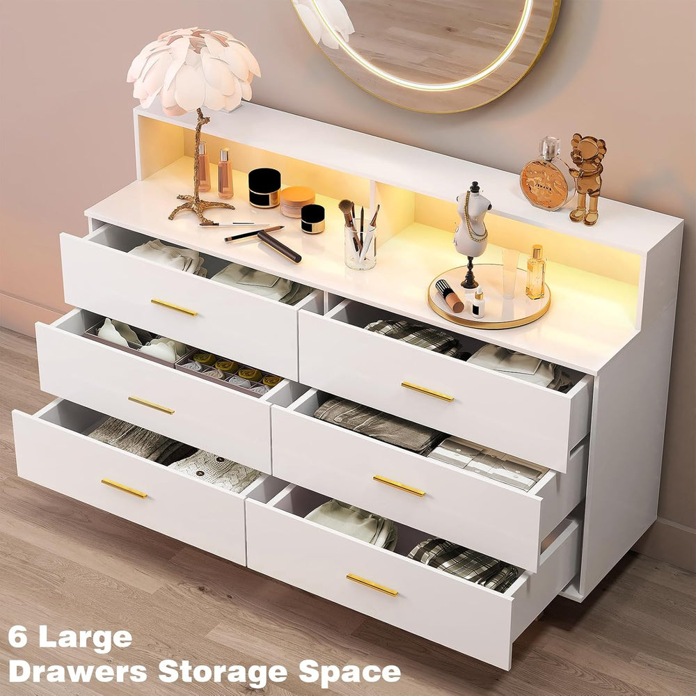 UNIQUITE 6 Drawers Dresser with LED Light and Power Outlet, Wood White Dresse...