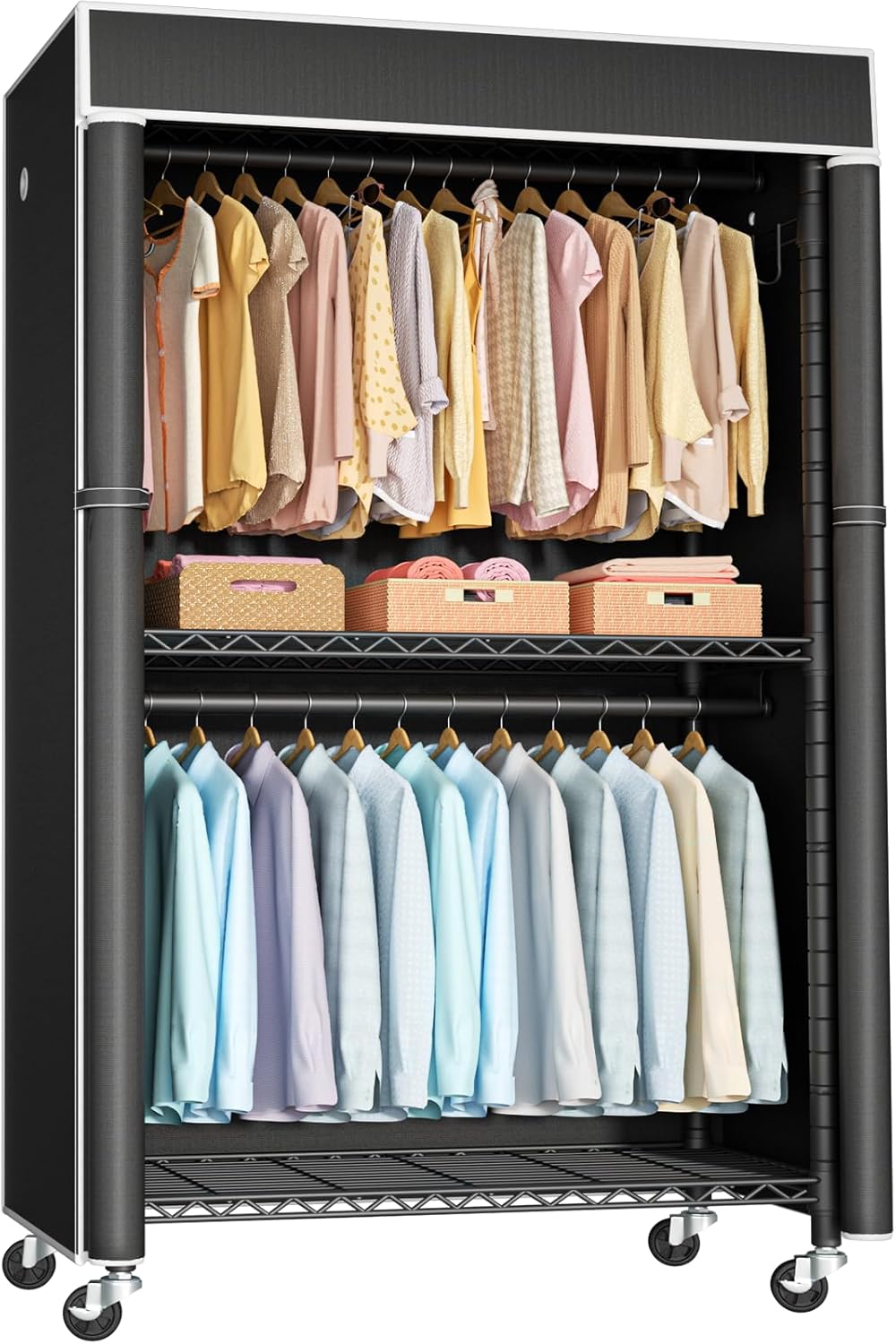 FUTASSI Clothing Rack with Cover, P1C Rolling Closets with Wheels, Metal