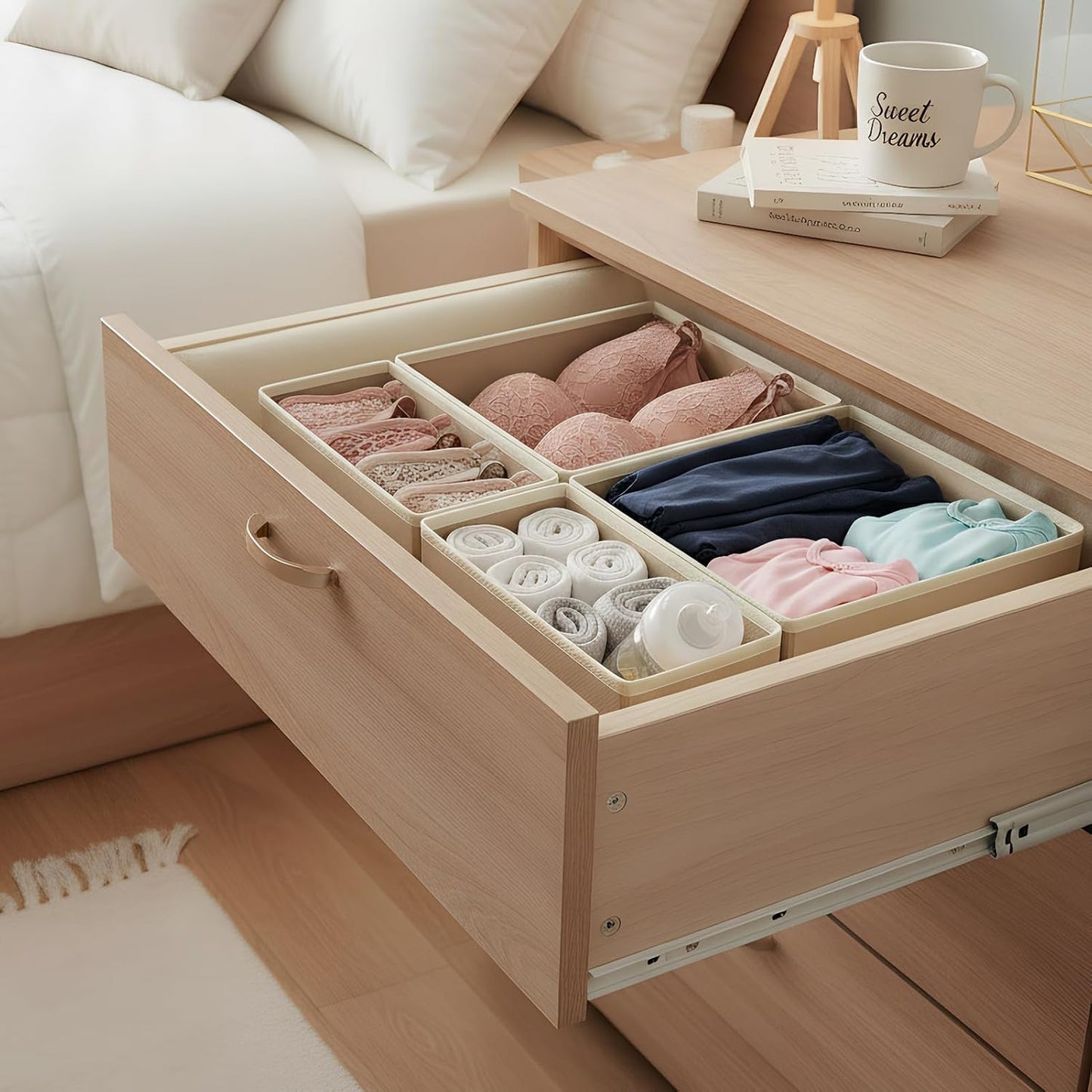 Drawer Organizer Set 6 Pack - Foldable Fabric Storage Bins with Zipper Bottom for Underwear Socks Bras Baby Clothes - Closet Dresser Organizers Dividers for Bedroom Nursery, Beige