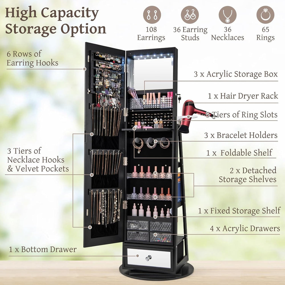 GOFLAME 360 Rotating Jewelry Cabinet with Full Length Mirror, Standing LED Je...