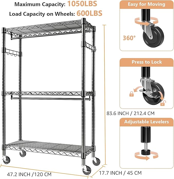 Heavy Duty Rolling Garment Rack 3 Tiers Adjustable Wire Shelving Clothes Rack - Image 8
