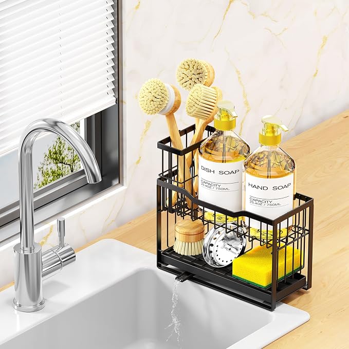 2-Tier Kitchen Sink Caddy with High Brush Holder&Self-Draining Tray, - Image 8