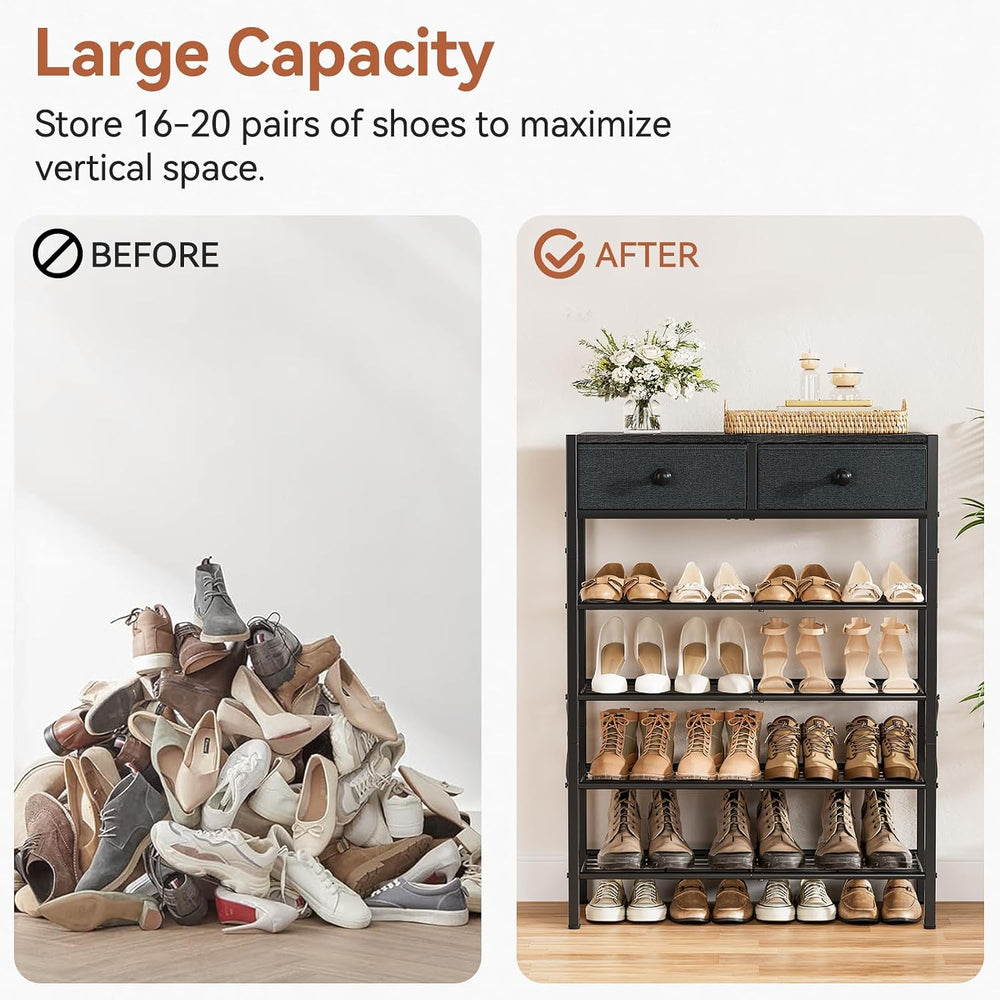 5 Tier Shoe Rack with 2 Drawers, 16-20 Pairs Black Grey