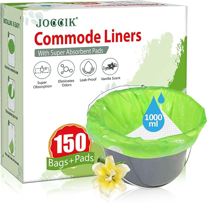 Bedside Commode Liners, 150 Bags + 150 Pads by JOCCIK