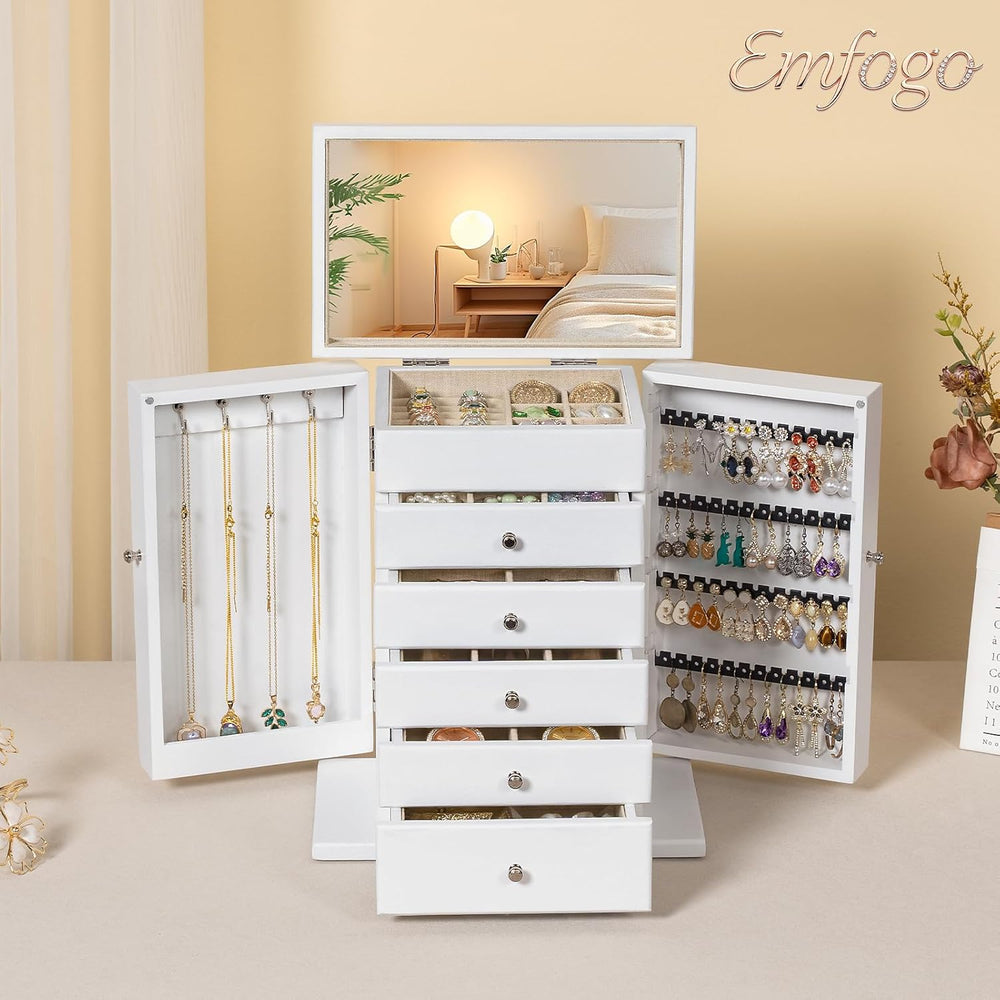 Emfogo Wooden Jewelry Box for Women, 6-Tier Large Jewelry Organizer Boxes wit...