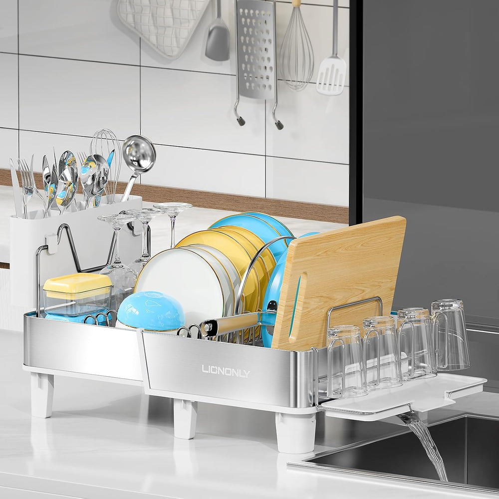 304 Stainless Steel Expandable Dish Drying Rack with Drain Spout, White
