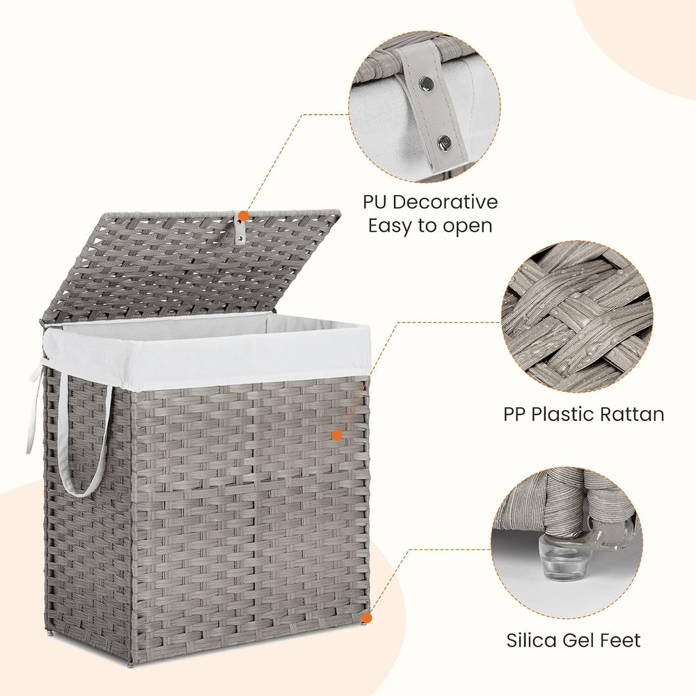 110L Laundry Hamper with Lid, Hand-Woven Pp Rattan Laundry Basket with Compar...