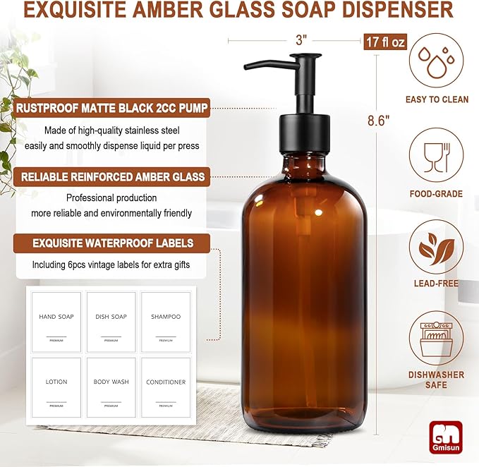 GMISUN Amber Glass Soap Dispenser, 2 Pack Bathroom Hand Soap Dispensers - Image 3
