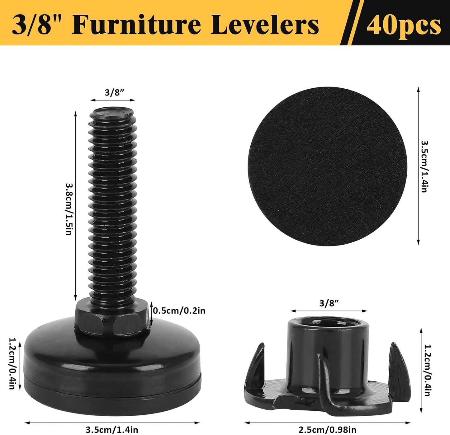 60 Pcs Adjustable Leveling Feet with T-Nut Kit, 3/8”-16 Thread Furniture Levelers, Metal Adjustable Feet, Heavy Duty Legs Height Adjuster for Table, Chair, Desk, Cabinets, Sofa(Black)