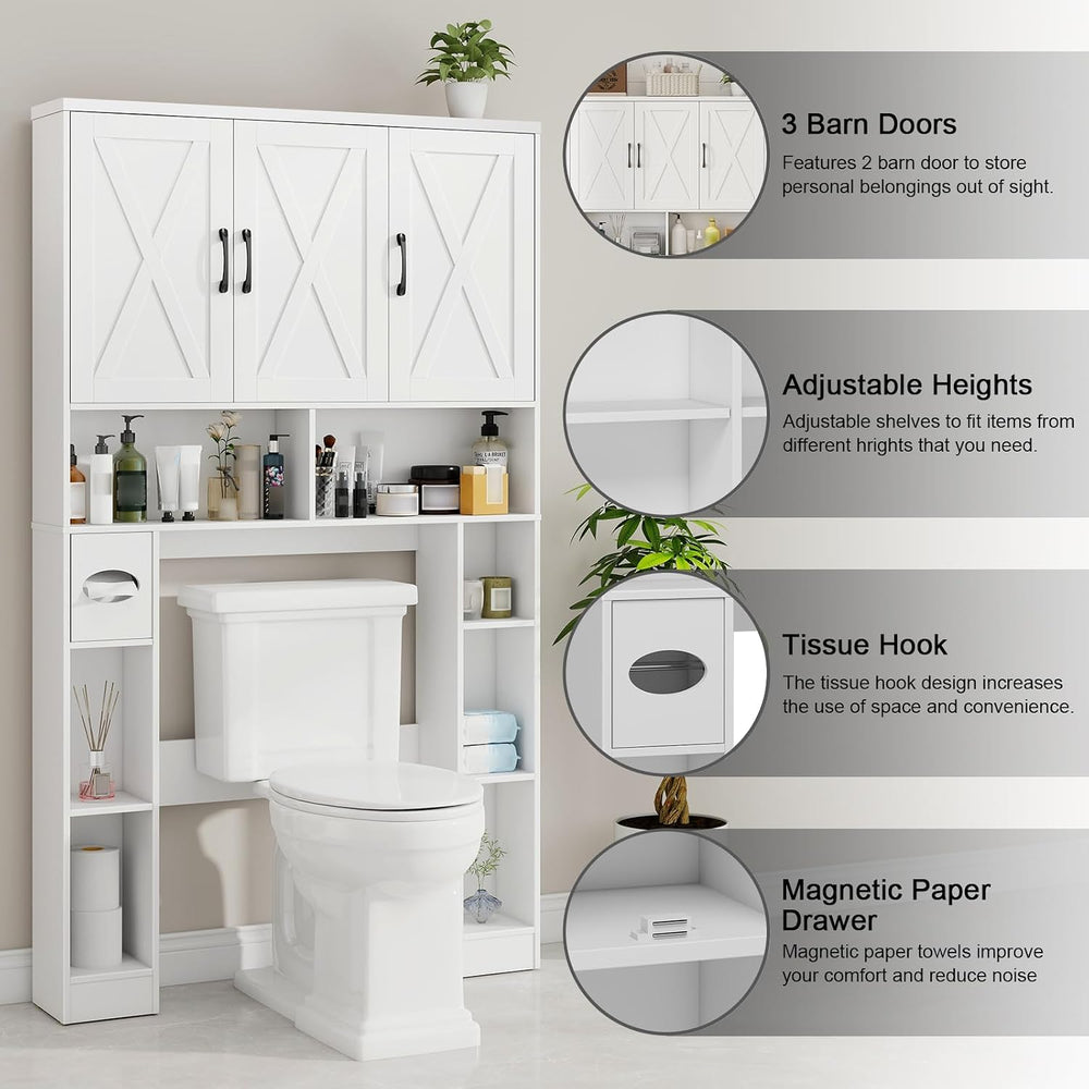 Vabches Over The Toilet Storage Cabinet with 3 Barn Doors.White