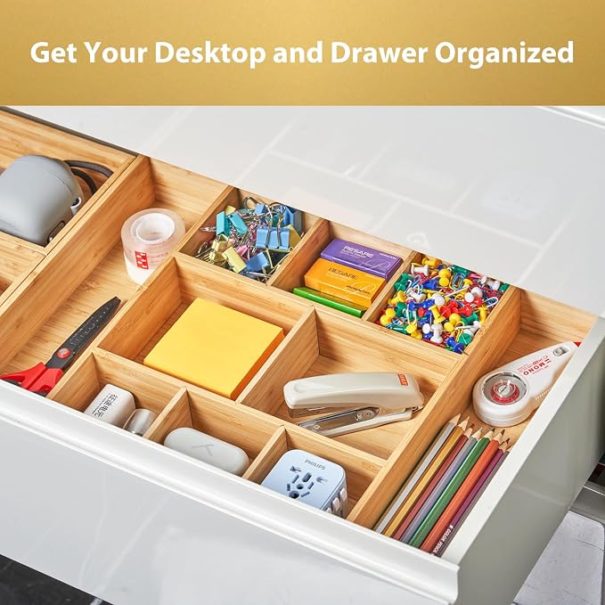 Umilife Extra Large Bamboo Desk Drawer Organizer, Wood Junk Organizer Tray - Image 3