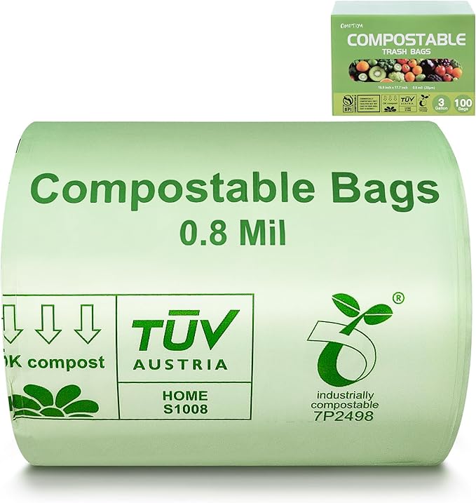 Compostable Trash Bags 3 Gallon, Extra Thick 0.8 Mils, ASTM D6400, OK Compost by OMOTIYA