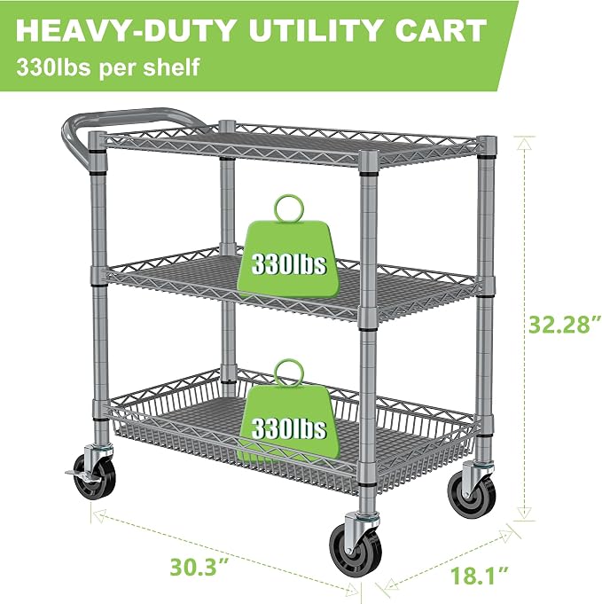 Metal Heavy Duty Carts with Wheels 1050lbs, 3 Tier Rolling Utility Cart with - Image 2
