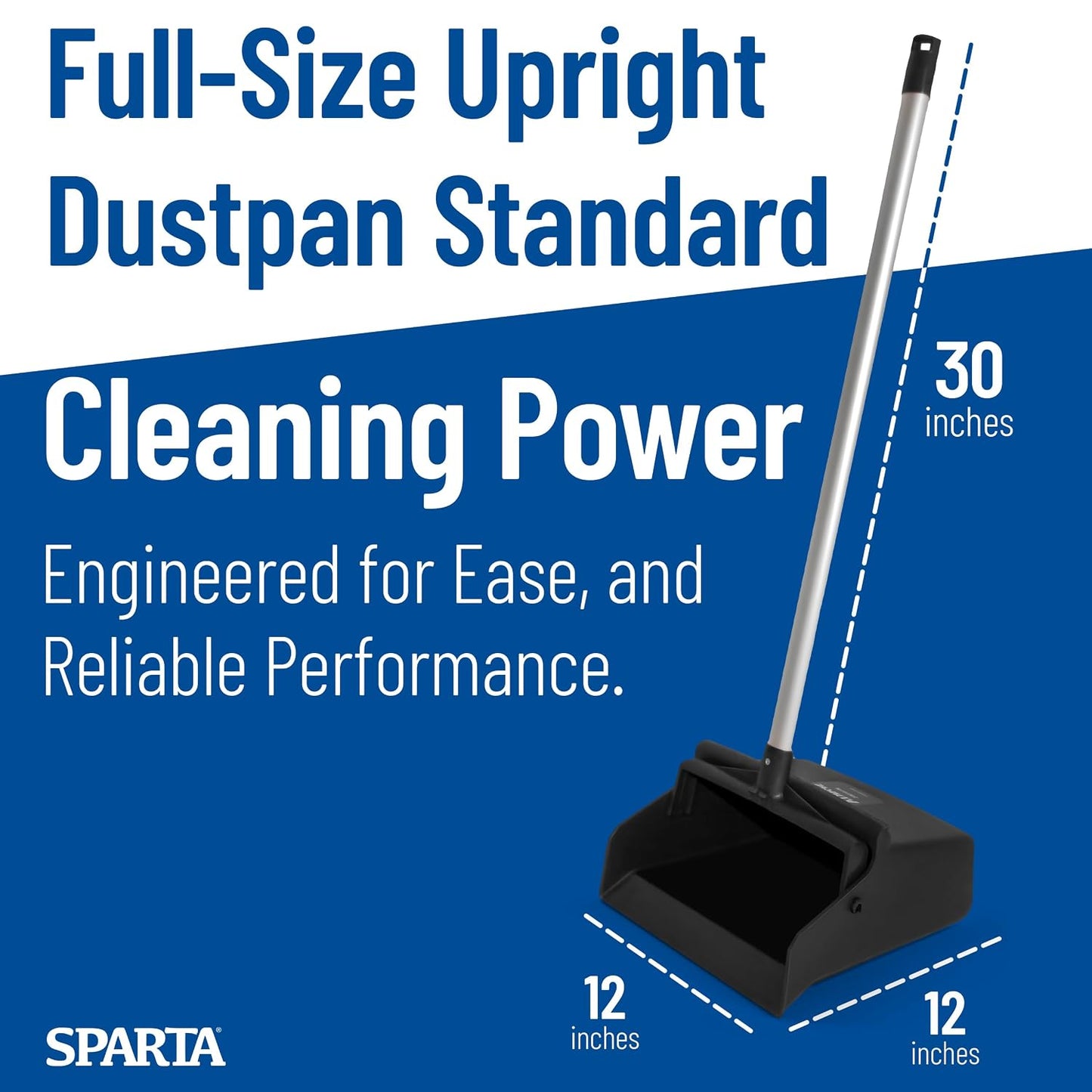 SPARTA Color Coded Upright Dustpan with 30 Inch Aluminum Handle, Serrated Edge and Locking Yoke, Standing Commercial Floor Dust Pan, Black