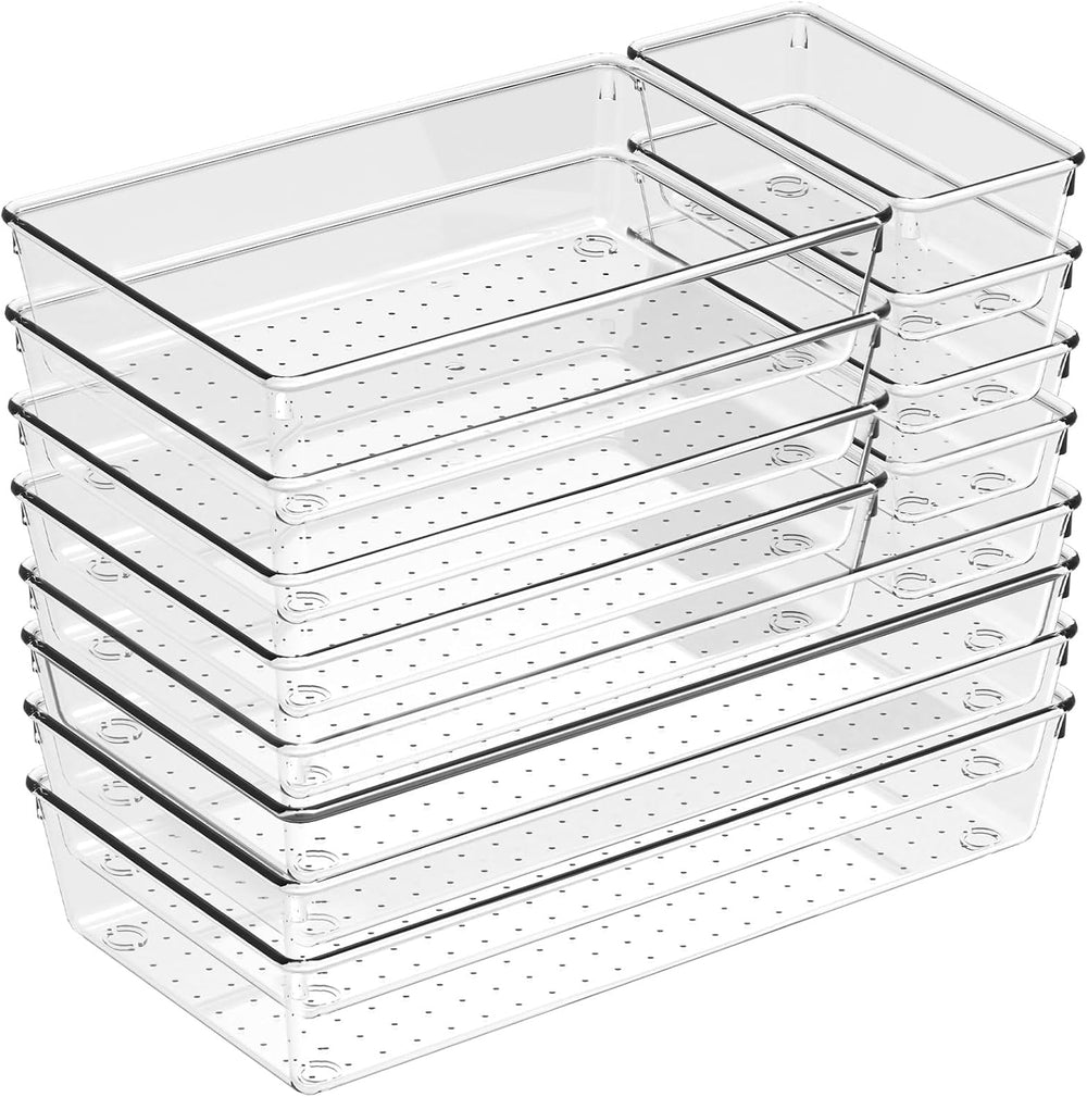 12 Pack Large Drawer Organizer Bins - Clear Plastic Bathroom Drawer Organizer...
