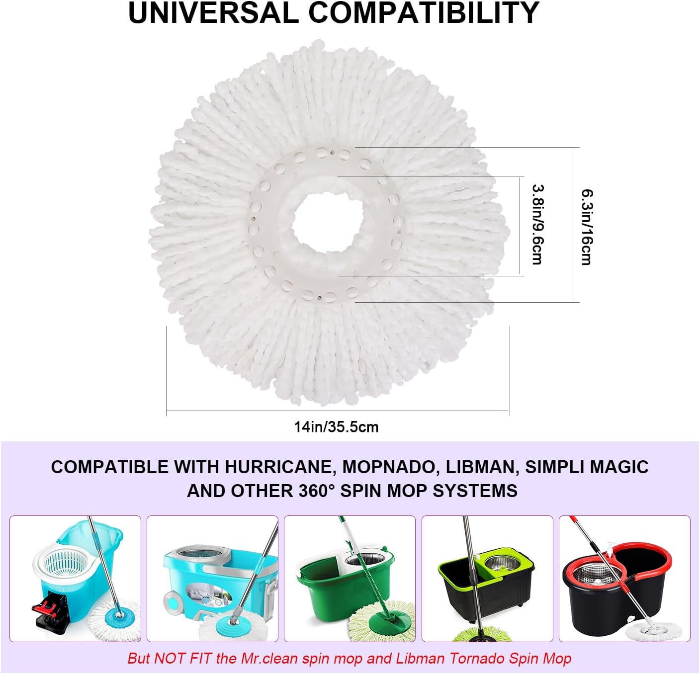 Spin Mop Replacement Heads, 6.3 Inch Microfiber Mop Refills Compatible with Hurricane, Mopnado, Simpli Magic and Other 360° Spin Mop Systems, Round Standard Universal Mop Pads (White) - 3 Pack