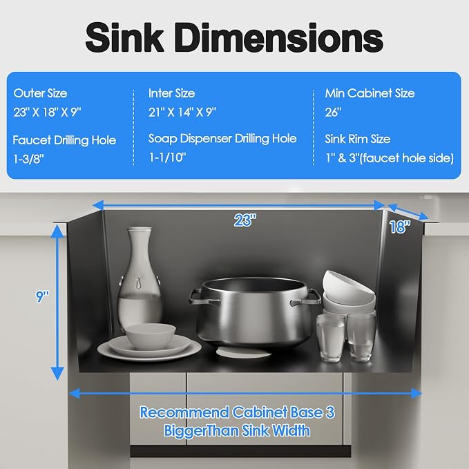 23x18 Inch Kitchen Sink, Handmade 304 Stainless Steel Sink, Topmount - Image 6