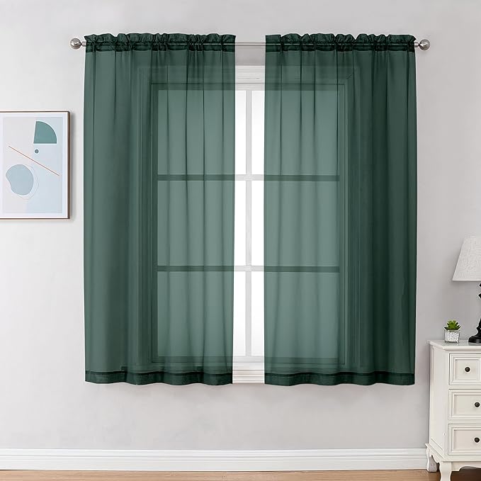 Chyhomenyc Hunter Green Sheer Curtains 63 Inch Length 2 Panels, Rod Pocket by Chyhomenyc