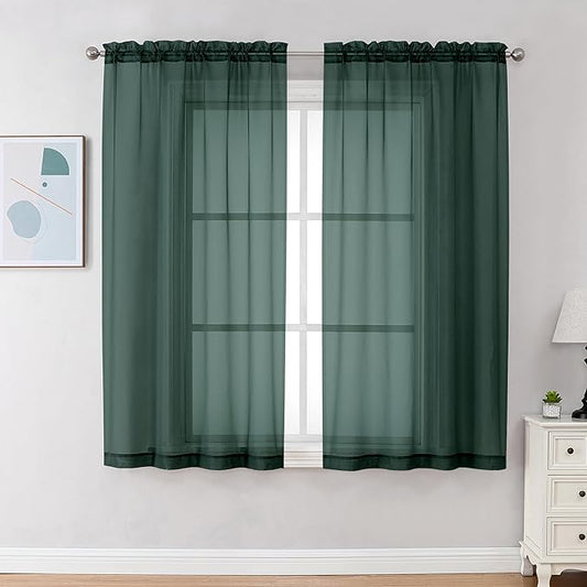 Chyhomenyc Hunter Green Sheer Curtains 63 Inch Length 2 Panels, Rod Pocket by Chyhomenyc