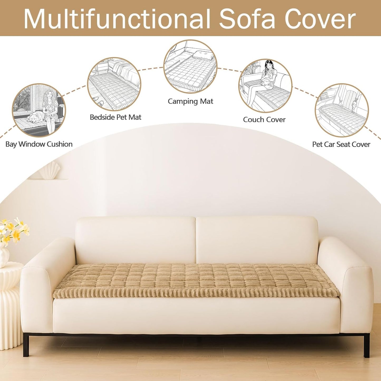 hyha Couch Cover for Dogs Washable, Non Slip Thick Flannel Sofa Protector, Pet Friendly Plush Furniture Cover for Sectional Sofa & Loveseat (Camel, 27.6" x 59")