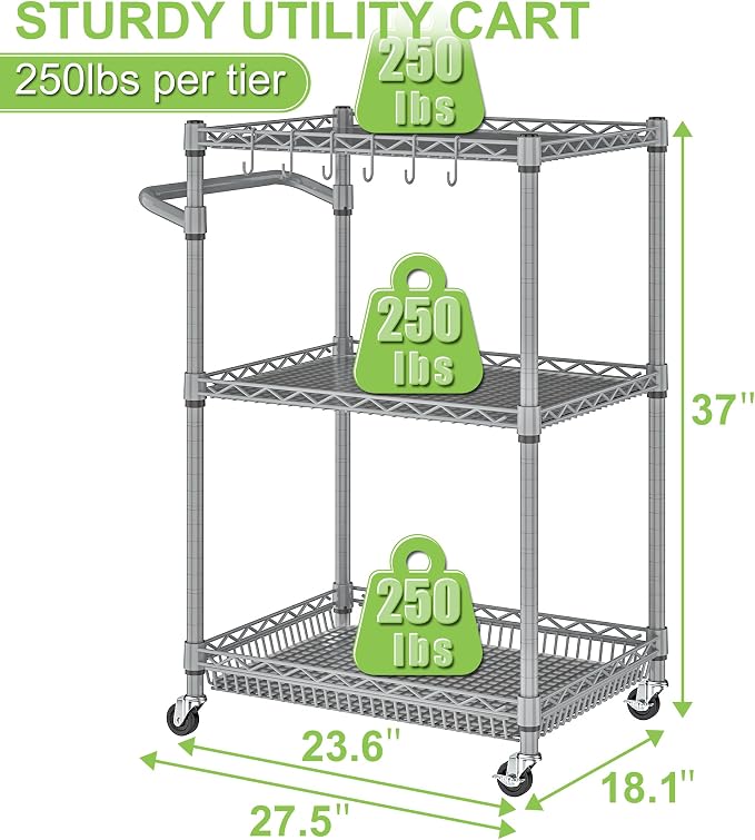 Metal Carts with Wheels, 3 Tier Rolling Utility Carts with Storage, Steel Wire - Image 2