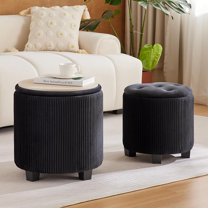 Big Round Ottoman with Storage Set of 2, Upholstered Velvet Vanity Stool - Image 2