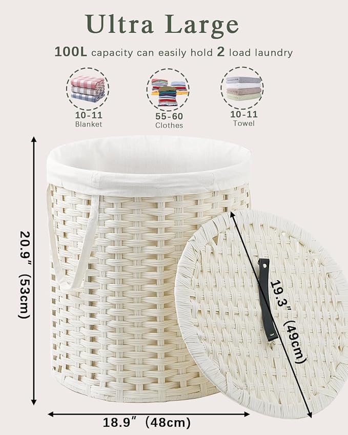 Laundry Hamper with Lid Wicker Laundry Hamper Round 26.5 Gal Laundry Basket - Image 4