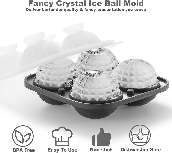 Nax Caki 3D Ball Crystal Ice Cube Tray, Large Ball Silicone Fun Shapes Whiskey - Image 2