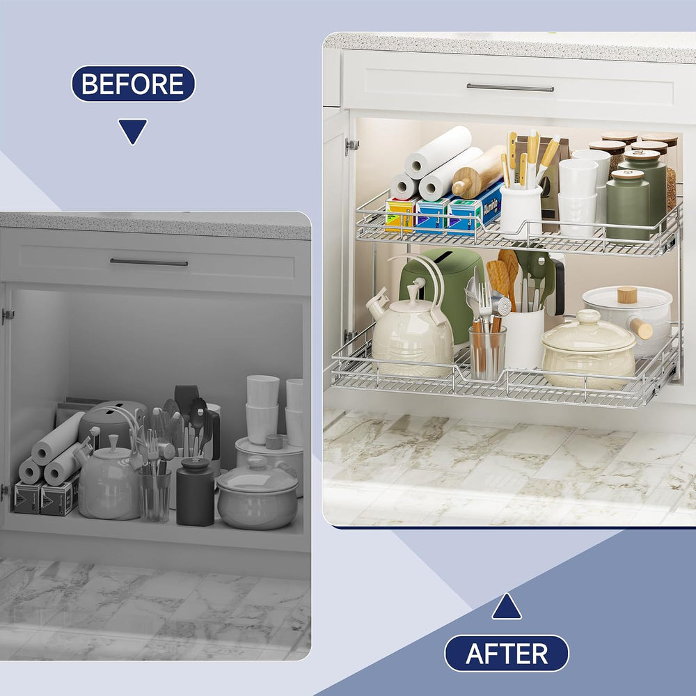 2-Tier Pull Out Cabinet Organizer, 27" W x 21.5" D, Heavy Duty Dual...