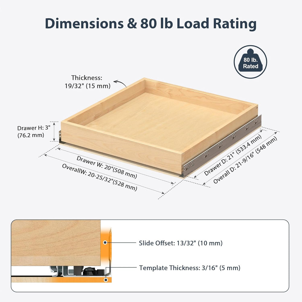 Pull Out Drawers for Kitchen Cabinets 20" W x 21" D Birch Wood