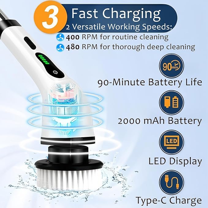 Cordless Electric Spin Scrubber, Hands-Free Shower Cleaning Tool - Image 3