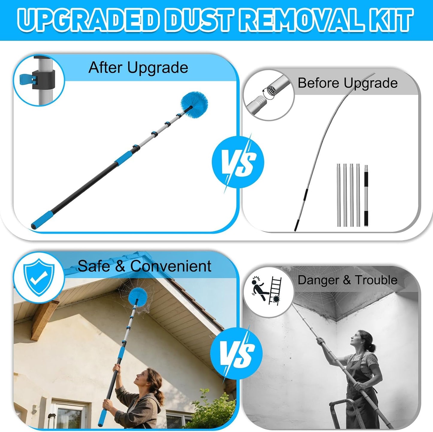 26FT Reach Cobweb Duster with Extension Pole - Spider Web Brush for Cleaning with 5-20FT 4-Section Flip-Lock Telescopic Pole, Effortlessly Cleans High Indoor & Outdoor Webs