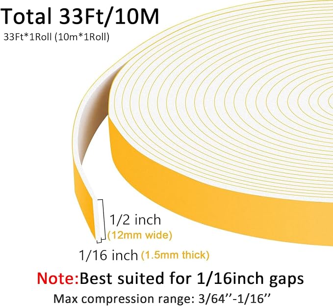 White Strong Adhesive Seal Foam Tape, Weather Stripping - Image 5