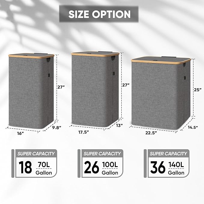 BALEINE Laundry Hamper with Lid, Tall Laundry Baskets with Bamboo Pull Handles - Image 2