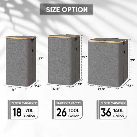 BALEINE Laundry Hamper with Lid, Tall Laundry Baskets with Bamboo Pull Handles - Image 2