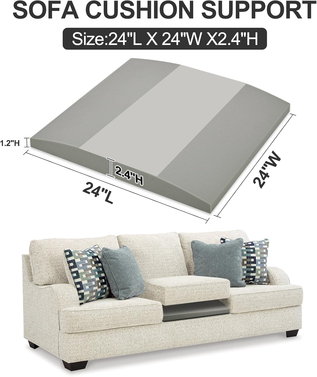 Couch Cushion Support High Density Foam 24X24X2.4 Inches Sofa Couch Supports for Sagging Cushions Light Grey 3Pc with Anti Slip Mesh Fabric
