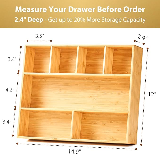 Umilife Large Bamboo Desk Drawer Organizer, Wood Junk Organizer Tray - Image 4