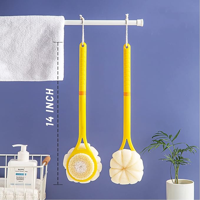 Shower Body Brush, Soft Bristles and Beautiful Pumpkin Loofah 14" Long Handle - Image 5