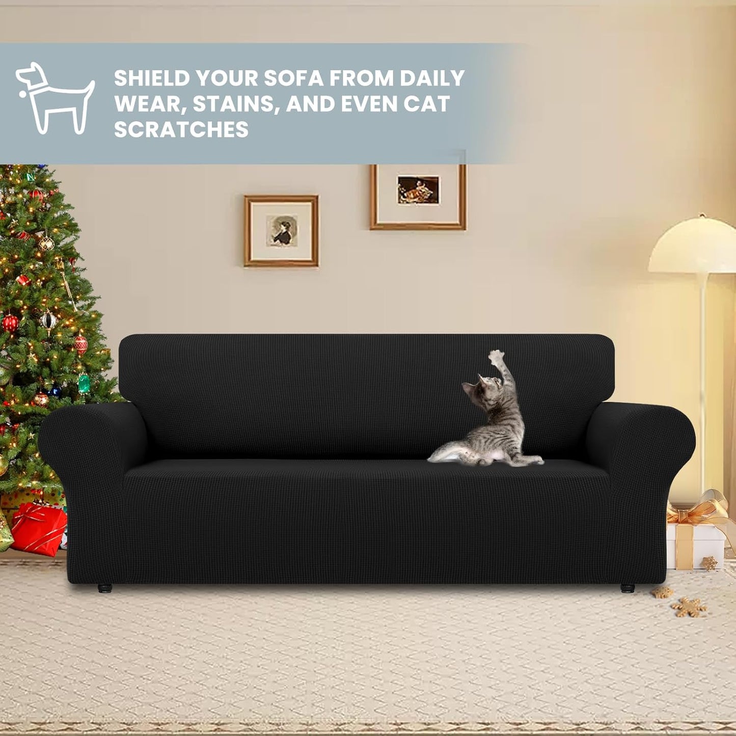 LURKA Stretch Sofa Slipcovers Couch Covers for 3 Cushion Couch Sofa Pet Friendly Non Slip Sofa Cover Washable Furniture Protector with Elastic Bottom (Large, Black)