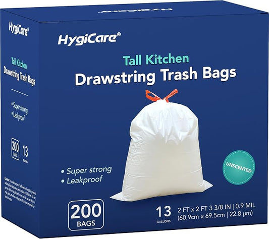 13 Gallon Tall Kichen Trash Bags, Unscented 200 Count Drawstring Garbage Bags by HygiCare