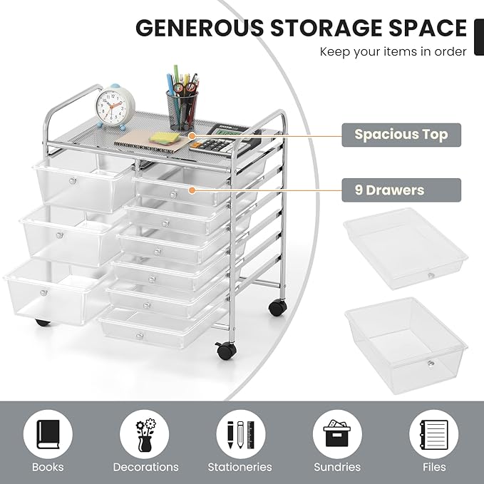 GOFLAME 9-Drawer Rolling Storage Cart, Mobile Utility Cart