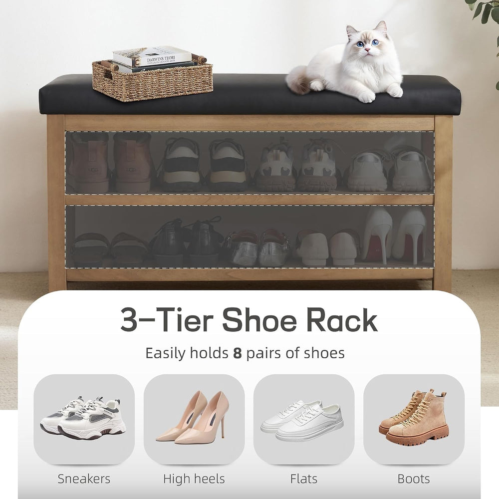 Zihanhome Shoe Rack Bench with Leather Cushion, 2 Tier Solid Wood Storage Ben...