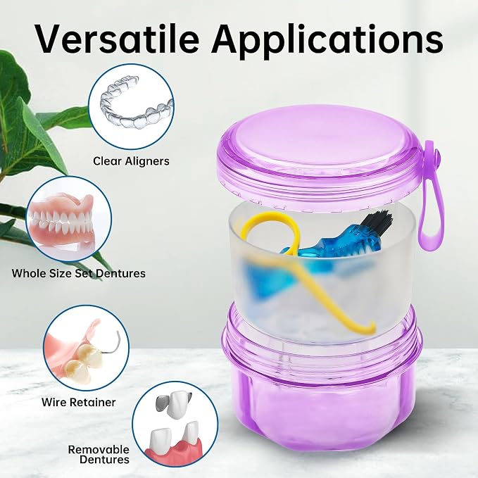 Leakproof Denture Case Purple Denture Soaking Cup False Teeth Container - Image 4