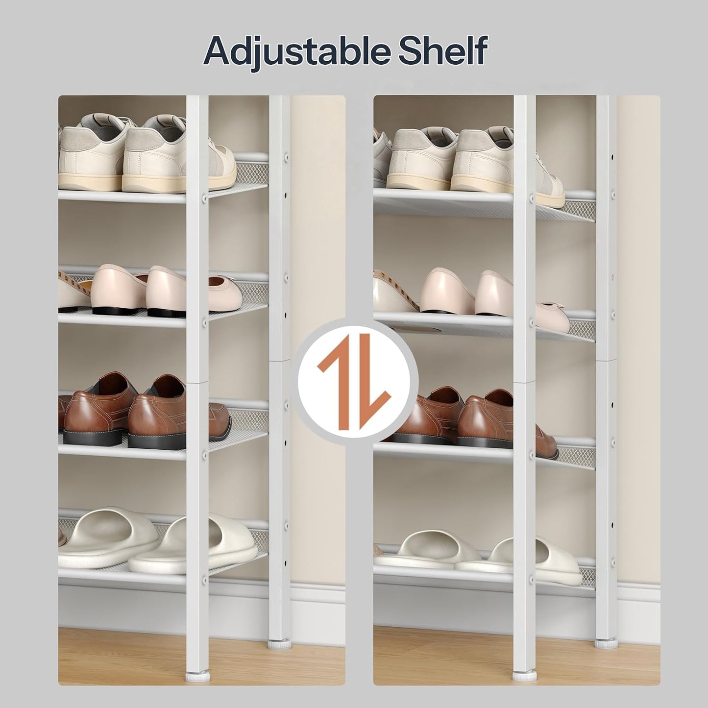 HOOBRO Shoe Rack for Entryway, 5-Tier Shoe Organizer with Adjustable Mesh Shelves, 12-16 Pairs of Shoes, Spacious Floor Mount, Metal, Industrial, Shoe Shelf for Closet, Natural and White WN12XJ01