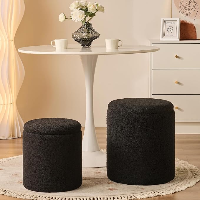 Round Ottoman with Storage Set of 2-Upholstered Sherpa Vanity Stool - Image 7