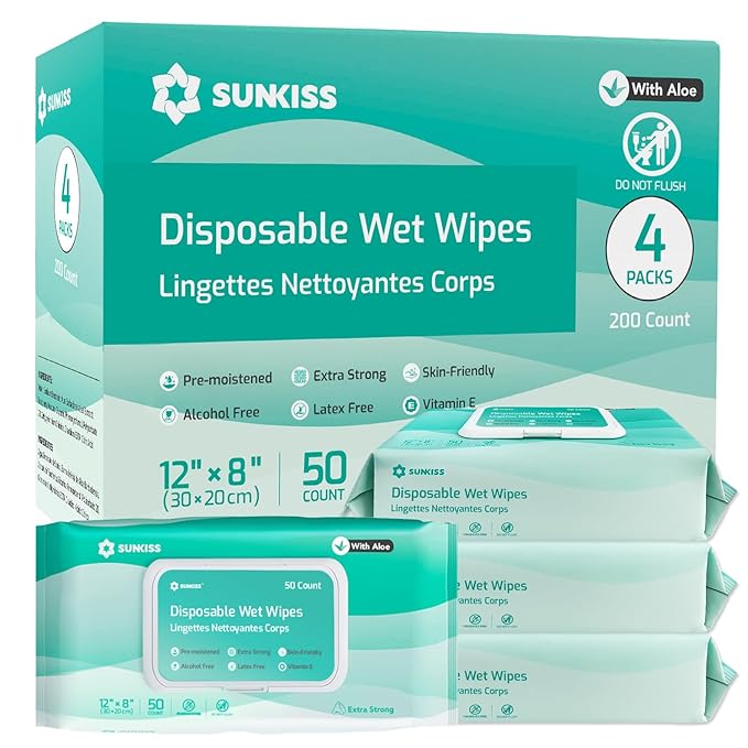 SUNKISS Trustplus Wet Wipes for Adult No Rinse, Extra Large 8”x12” Body by SUNKISS
