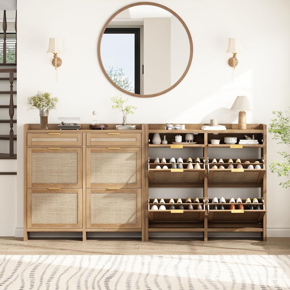 HOKYHOKY Large Rattan Shoe Storage Cabinet with 4 Flip Drawers & 2 Storages