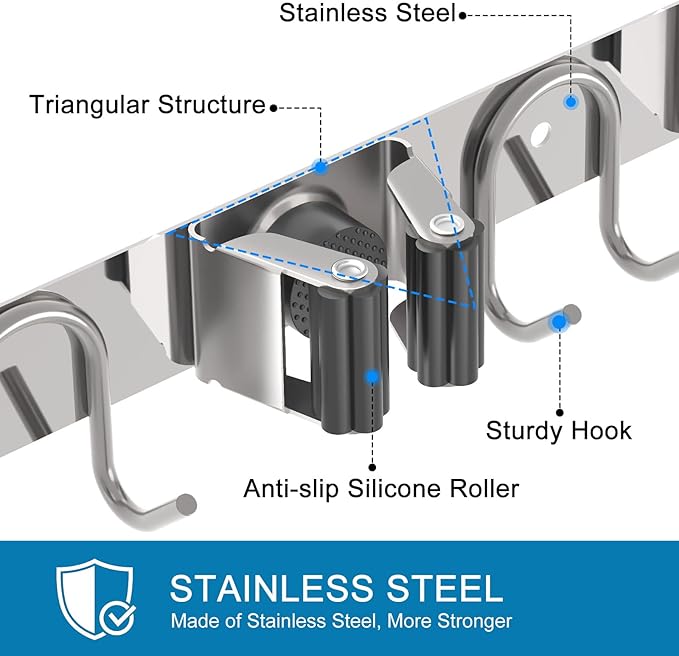 Mop Broom Holder Wall Mount, 2 Packs Silver Stainless Steel Tool Storage - Image 3